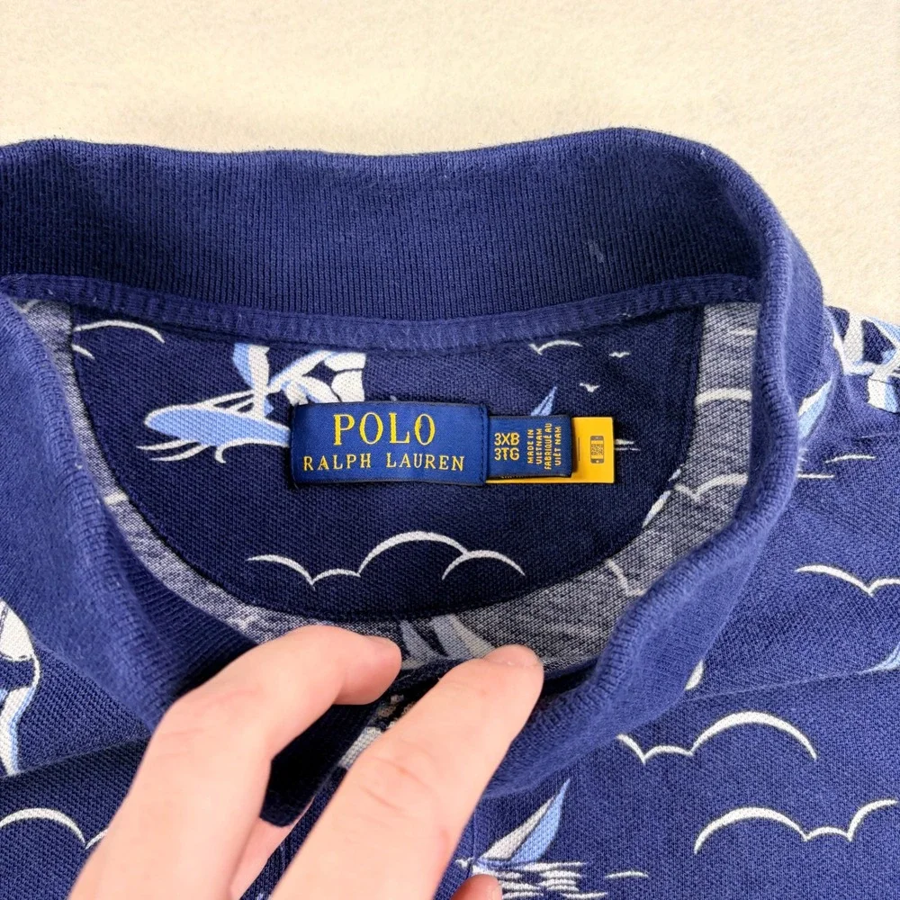 Polo Ralph Lauren Mens 3XB Navy Blue Nautical Beach Scene Pique Polo Shirt
